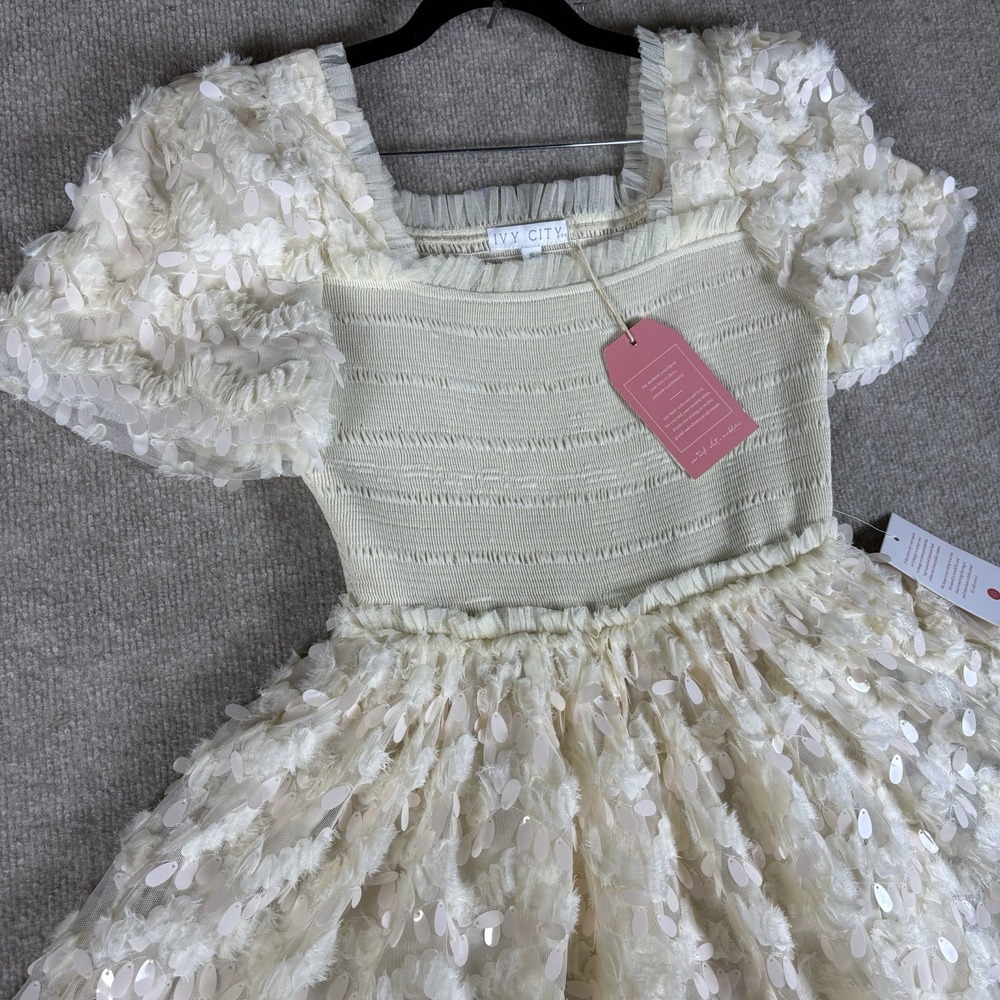 Ivy City Co Cloud Nine Sparkle Dress Ivory Sequin Smocked Maxi Women's S NWT - Picture 2 of 16